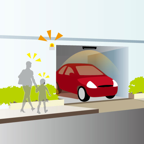 ［出庫警告システム］ 同社の回転灯コントローラーとあわせて使用し、車室から出庫した車に警告を発することが可能。