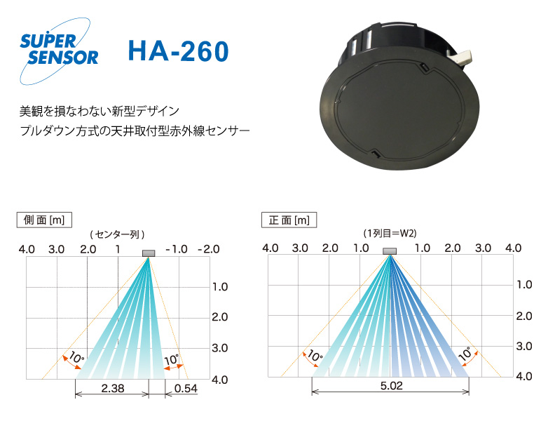赤外線センサー天井取付型HA-260
［特徴］
・プルダウン方式のため、センサーの設定が簡単
・フラットで一体感のあるデザインにより天井の美観を守る
・ecoモード機能搭載