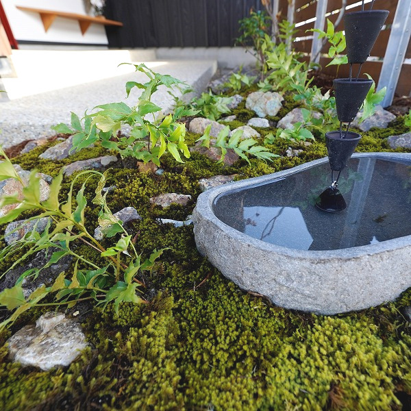 玄関前を彩る植栽と鎖とい
