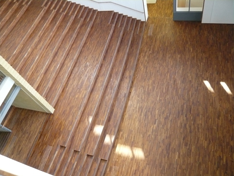 文教施設エントランス部施工例 品番　No.9-⑦ T15(12+3)×W114(3J)×L909mm 土足対応、チークオイル塗装製品