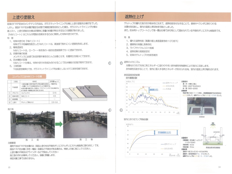 NMリコート仕様
：特殊中塗り材を採用することで、
　コストを抑え、研磨を極力必要
　とせず、簡単に施工することが
　可能となった。
遮熱ゲルトップ
：遮熱性能を付与することで、屋内
　の温度上昇抑制を可能とした。