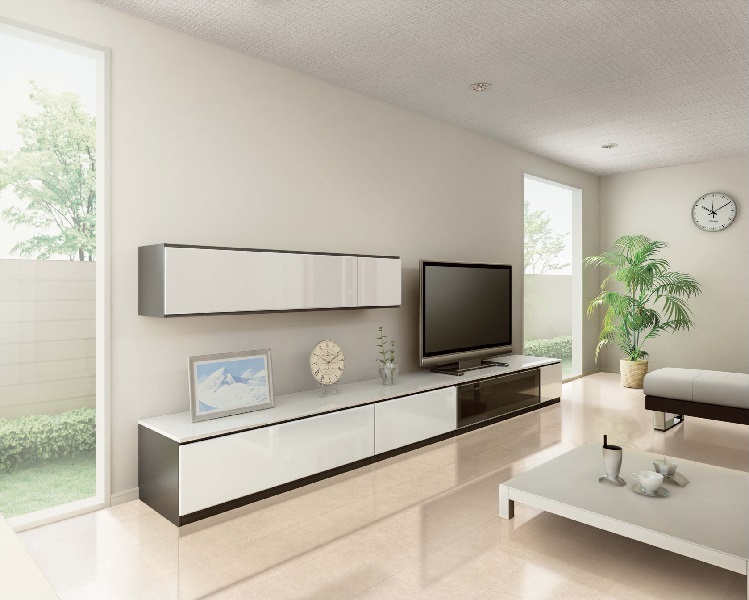 TVの横にこだわりの小物を飾って上品で開放感あるリビングを演出するカウンタープラン。