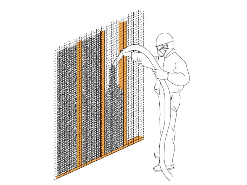 専門工事業者による安心の断熱工事。隙間なく、すみずみまで断熱材が施工することができる。天井の吊木や配線周りにも確実に施工できる。