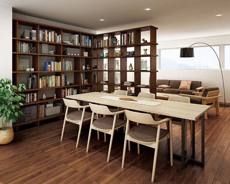 ダイニングシェルフプラン L字型に設置した収納はTVも置けて便利。キッチンともほどよく間仕切ることができる。