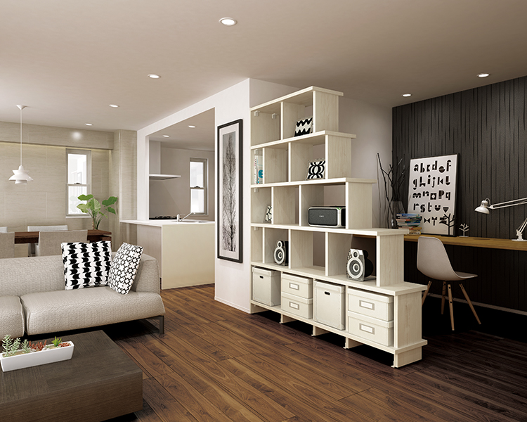 リビングシェルフプラン 完全にクローズしていない、ほどよい仕切り感が特長。