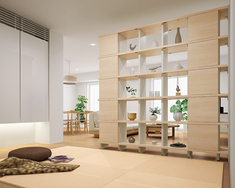 間仕切りシェルフプラン リビング横に設けた和空間との間仕切りに使用。落ち着いた空間を演出する。