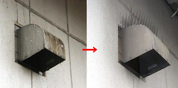 換気口フードへの2型の設置例。
狭い場所にもカットして簡単に設置可能。