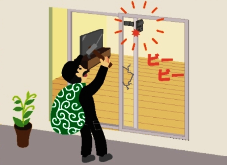 「LED＆アラーム警告」補助のカギになるので2重ロック。LEDが光って威嚇し、不法侵入者が窓を開けるとアラーム音で警告する。