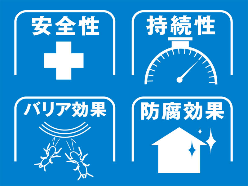 [特長1] 主成分は世界保健機関(WHO)に認められた安全性の高いビフェントリンを使用し、施主・施工者の安全性に優れる。 水溶解度が低くく、流亡しにくいため、バリア効果、防腐効果の持続性に優れ、安全。