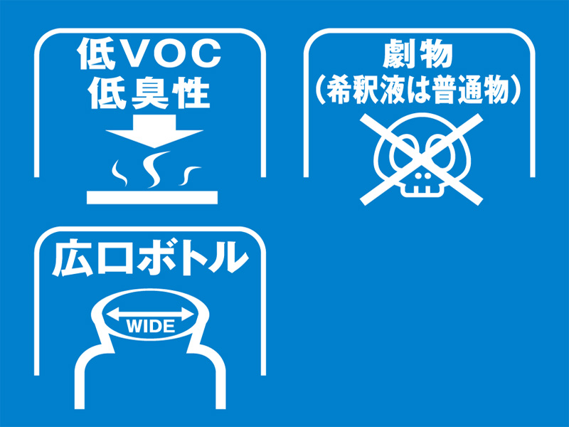 [特長2] 揮散しにくく、臭気が少ない。 希釈液は普通物(毒劇物区分）、非危険物(消防法、ただし原液は劇物） 広口ボトルで希釈作業やボトル洗浄が容易。 コンパクトで省スペース。