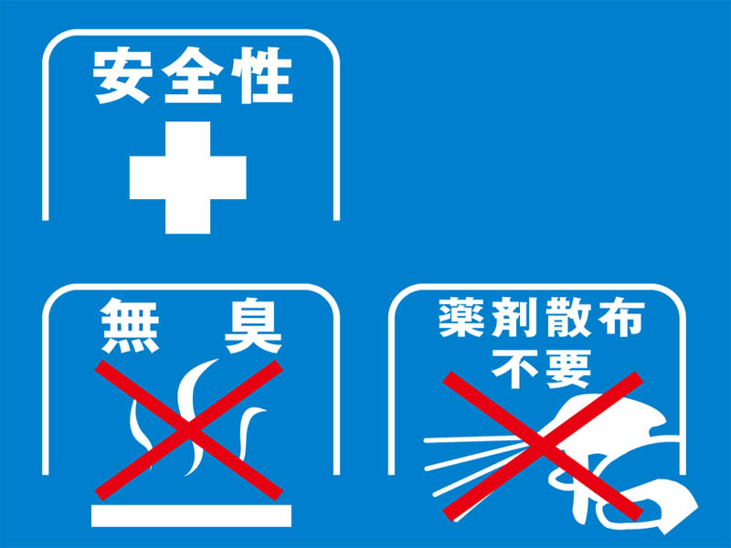 [特長1] 薬剤散布をせずにシロアリを巣から壊滅させる駆除ができるため安全である。また、ベイト剤（食毒剤）へのみ薬剤を添加しているため、薬剤散布よりも薬剤の使用量が圧倒的に少なく、異臭が全くない。