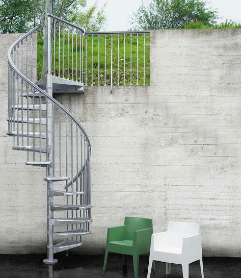 屋外用螺旋階段「STEELZINK」 平面直径120・140・160cm 高さ376cmまで 左右回転や欄干キットでコーディネイト可能。即納可。