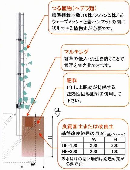 ・ヘデラ類などの付着型植物を使用することでメッシュフェンスに巻きつる型植物を使用した場合と比較し剪定管理を省力化可能 ・自治体で定める緑地面積として算入 ※自治体により算入されない場合あり