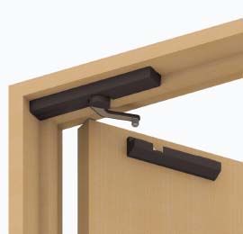 LDD-S型は、ドアダンパー本体の厚さ、わずか20mmでドア枠にすっきり納まる。取付位置の合わせが簡単で、ドア枠と戸当りの角部に押し当てるだけで済む。