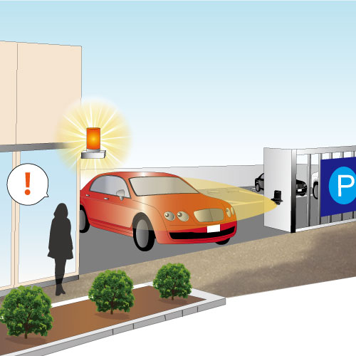 ・屋外のため天井に取り付けられない。 ・センサー1台で方向判別をしたい。 ・埋設せずに簡単に設置したい。 現場の駐車場出入り口での出会い頭事故対策を簡単に行える。