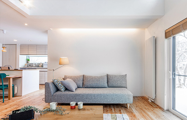 漆喰が持つ高い機能性を基盤に、現代建築に合ったマットな仕上がりと壁に表情をつくる滑らかで柔らかい塗り心地を追求。