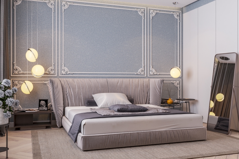 「ライトブルー×ホワイト×キラキラ」のヴェルサイユ。真っ白のモールディングのコントラストが特徴。ベルサイユ在庫色：V1103施工事例