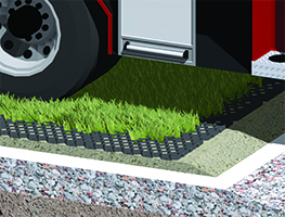 本品は、砂利舗装材「グラベルフィックス」の姉妹品。材料型も同じくハニカム形状が用いられているため、耐荷重性が抜群で、170t/㎡まで耐えられる。