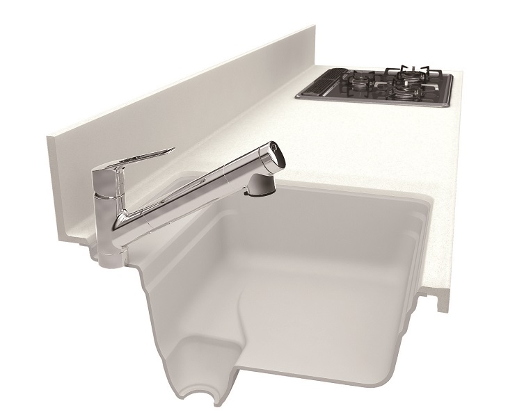 なめらかな形状で隙間なし。汚れのたまる場所を徹底的に研究し、汚れ、衝撃、熱に強く、傷が付きにくい特徴を持つ人造大理石ワークトップ。日々の手入れは水拭きだけで清潔さが保てる。