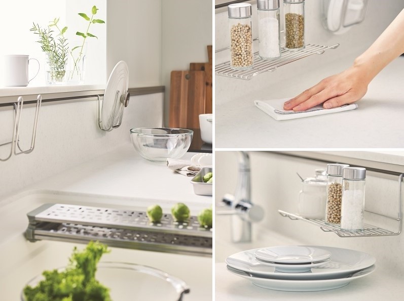 バックガードを高く立ち上げて、カウンター奥の手入れを簡単にできる「ハイバックカウンター」。標準装備のハンガーアイテムでキッチングッズを浮かせて置けるので、手入れも調理もスムーズ。