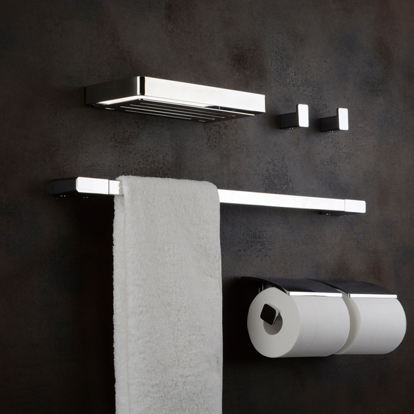 機能性と安全性に細部までこだわった設計。あらゆるシーンとニーズに合わせ構成した商品ラインナップは、タオル掛、化粧棚、ペーパーホルダー、フック、ドアストッパーの全5 種、9アイテム。