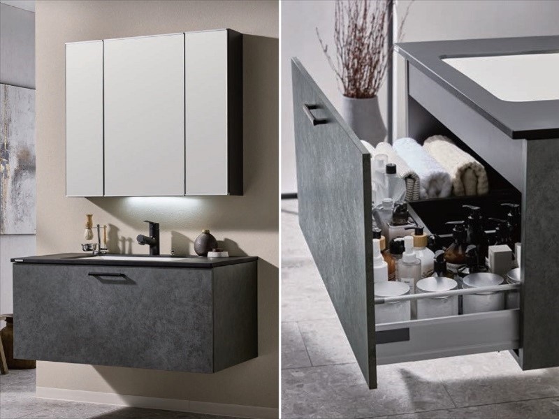 ベースキャビネットは全て引出しタイプ。すっきりとしたデザインのフロートタイプでも収納力はしっかり確保。高さのあるものもしっかりしまうことが可能。