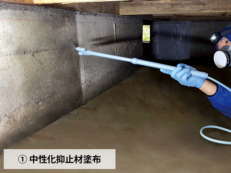 内部基礎への工程例：①中性化抑止材塗布